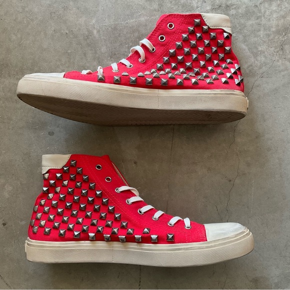 NEW Men's YSL Saint Laurent red leather trimmed studded high top size 44 US 11 - Picture 4 of 8